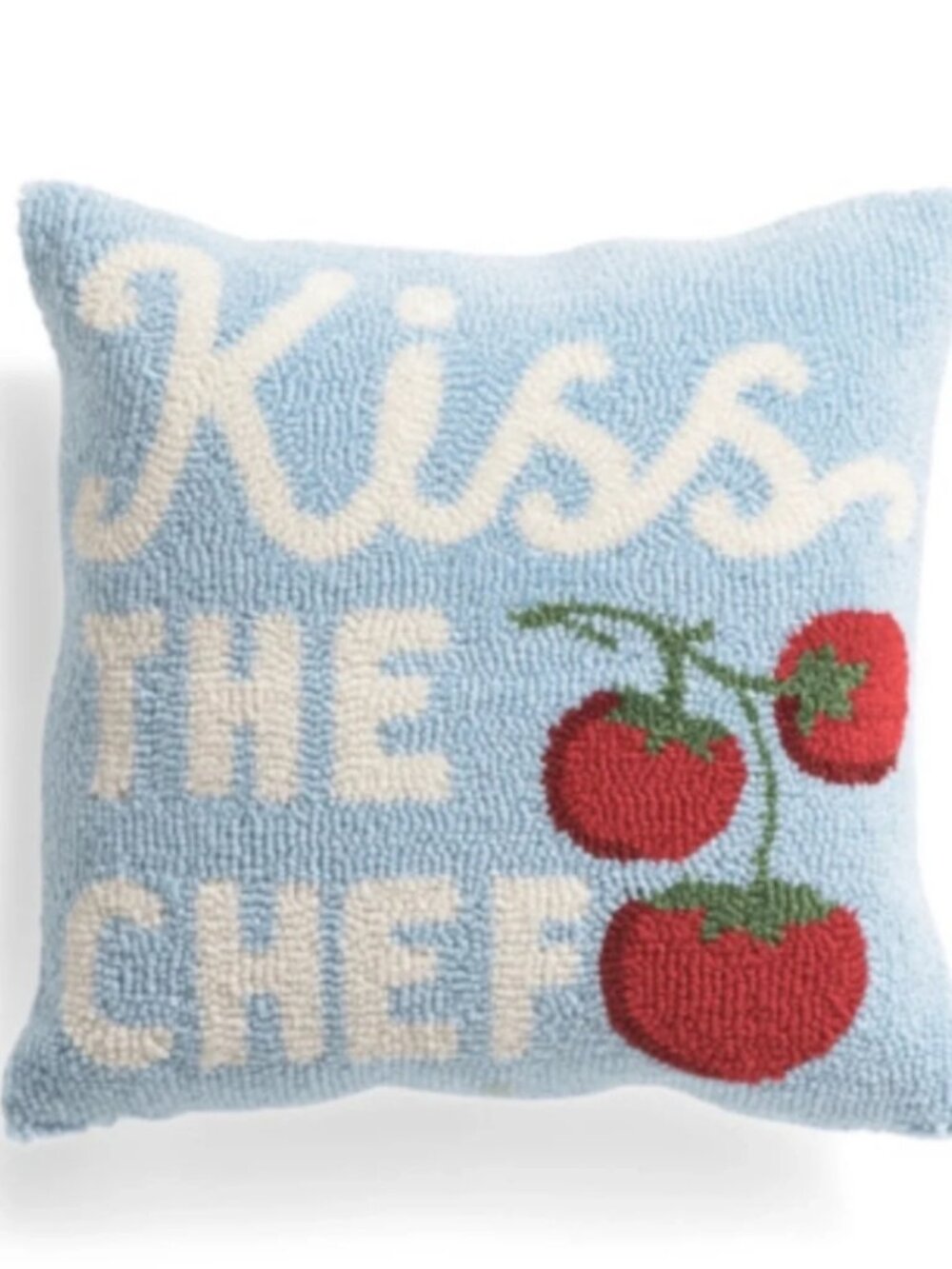 NWT Peking Handicraft Blue Hooked “Kiss The Chef” Decorative Pillow 16x16"